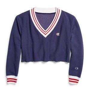 CHAMPION V Neck Blue Cropped Sweater